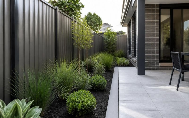 garden bed absorbing runoff beside new concrete patio